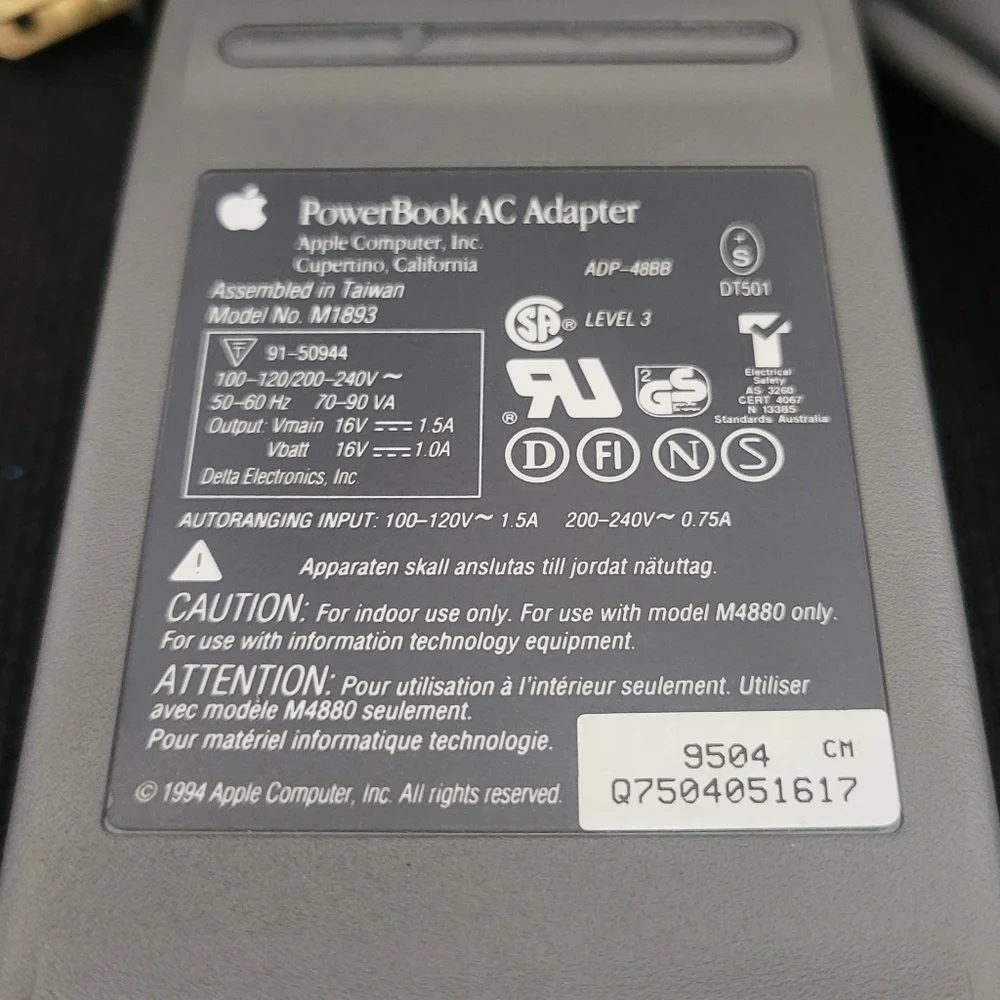 VINTAGE Apple M1893 PowerBook AC Adapter / Power Adapter/ Charger - Genuine